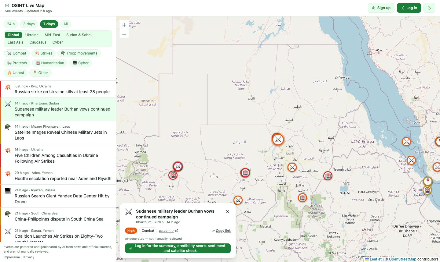 The public OSINT live map: an event feed with time, region and category filters beside a map of Sudan and the Red Sea, and an event card asking visitors to log in for the full analysis.
