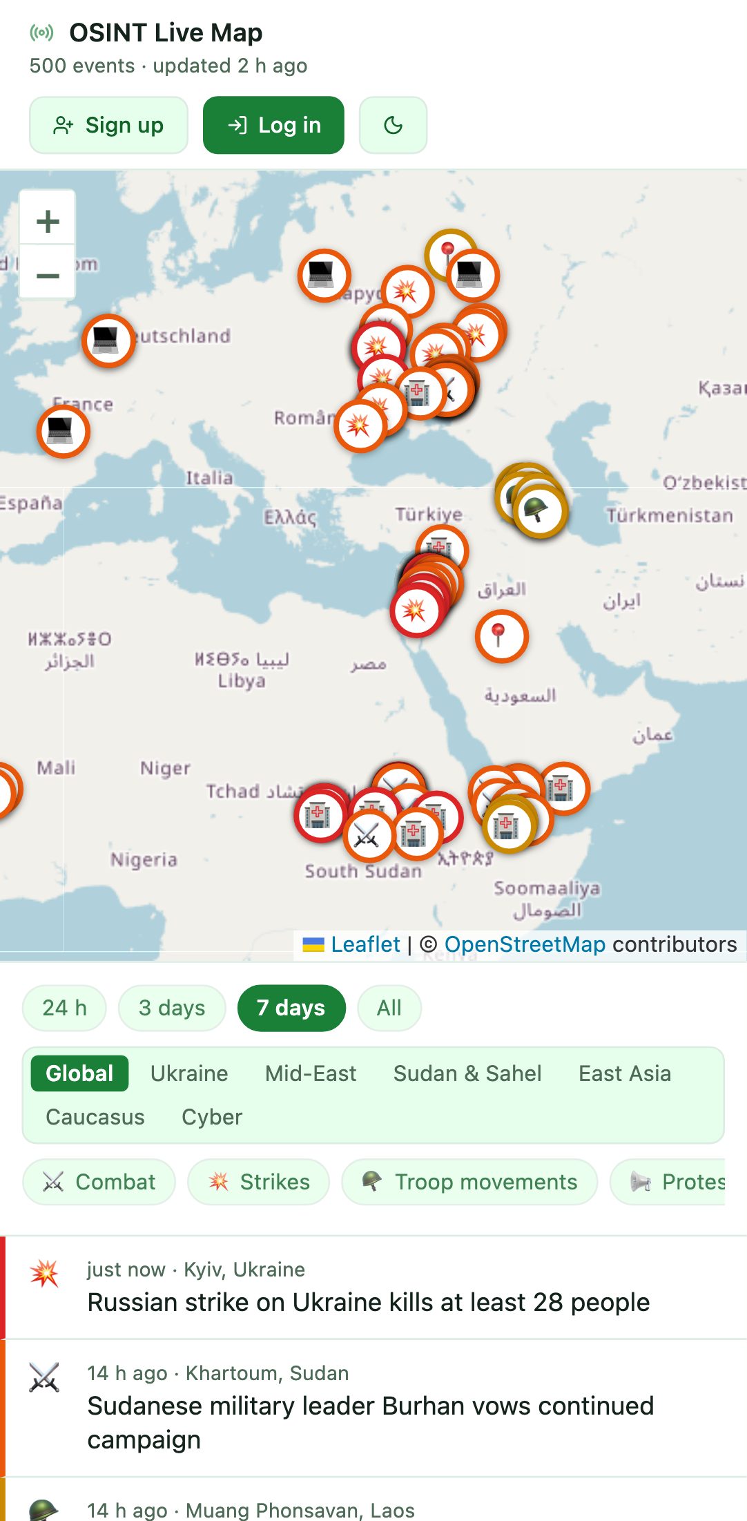 The public live map on a phone: the map with event markers on top, filters and the event feed below.